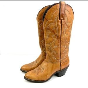 Kenny Rogers Cowboy Boots 7 Brown Tooled Embroidered leather pull-on Western